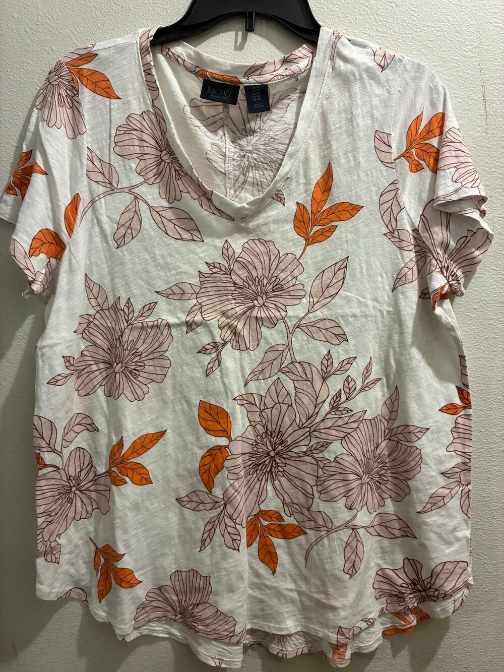 RACHEL Rachel Roy Womens 1X Floral V-Neck T-Shirt White Orange Short Sleeve Tee